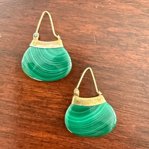 Natural malachite gold plated sterling silver drop earrings - Picture 2 of 7